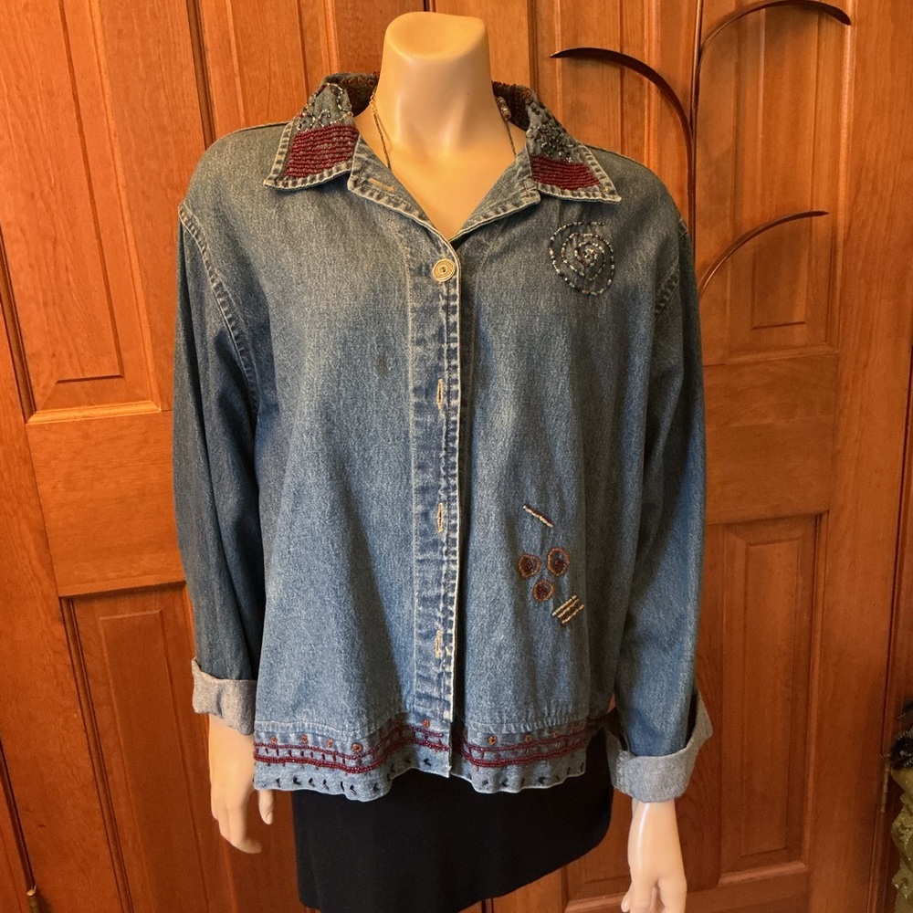 SD Collection Artistic patchwork and beaded Denim Jacket